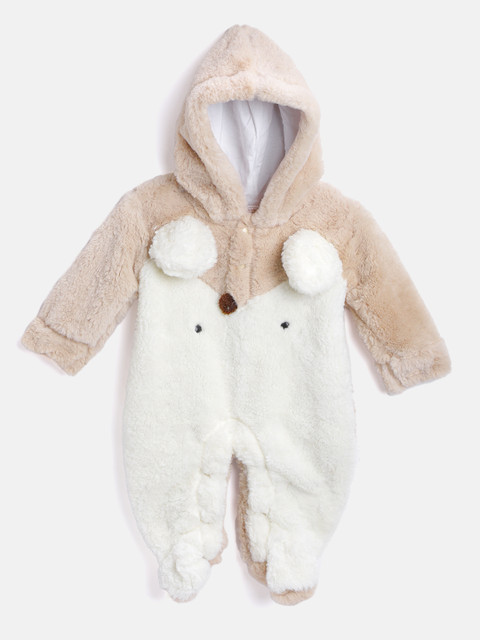 

Moms Love Infant Unisex Beige & Off-White Pure Cotton Faux Fur Hooded Winter Rompers
