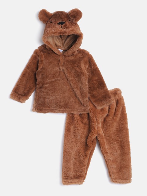 

Moms Love Infant Boys Brown Pure Cotton Faux Fur Hooded Sweatshirt with Pyjamas