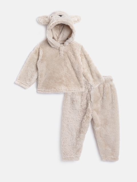 

Moms Love Infant Boys Beige Pure Cotton Faux Fur Hooded Sweatshirt with Pyjamas