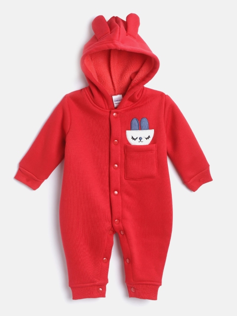 

Moms Love Infant Girls Red & White Pure Cotton Hooded Winter Rompers