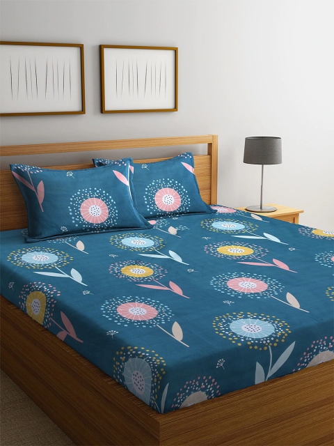 

Molly & Michel Blue & Pink Floral 210 TC Queen Bedsheet with 2 Pillow Covers