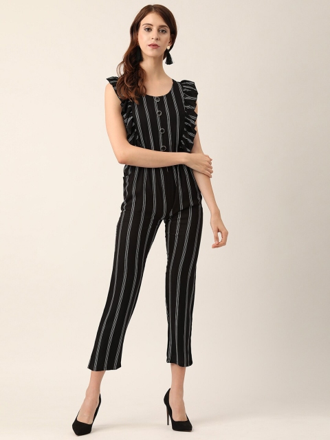 

V2 Value & Variety Black & White Striped Basic Jumpsuit with Ruffles