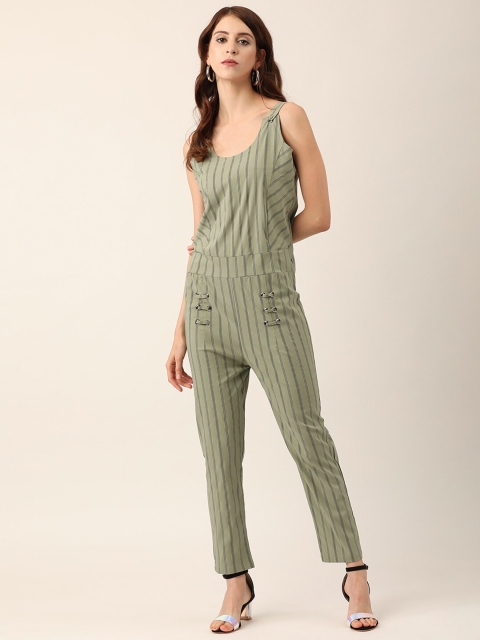

V2 Value & Variety Green & Grey Cotton Striped Basic Jumpsuit