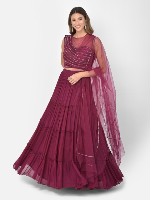 

Neerus Burgundy & Silver-Coloured Embroidered Ready to Wear Lehenga & Blouse With Dupatta