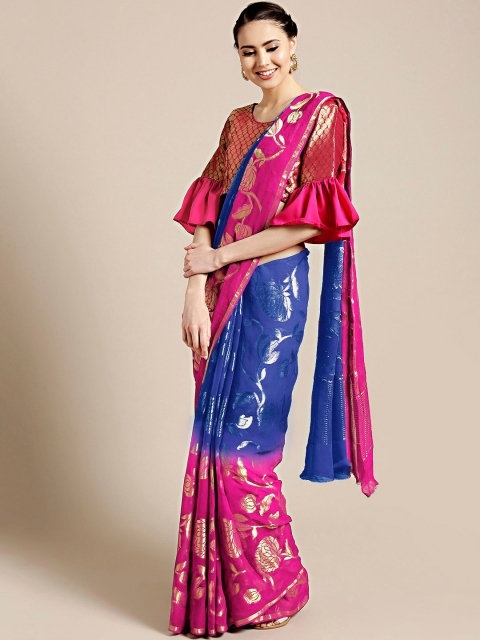 

Chhabra 555 Pink & Blue Ethnic Motifs Zari Banarasi Saree