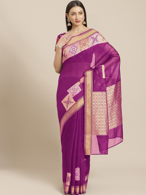 

Chhabra 555 Purple & Gold-Toned Checked Zari Silk Cotton Chanderi Saree