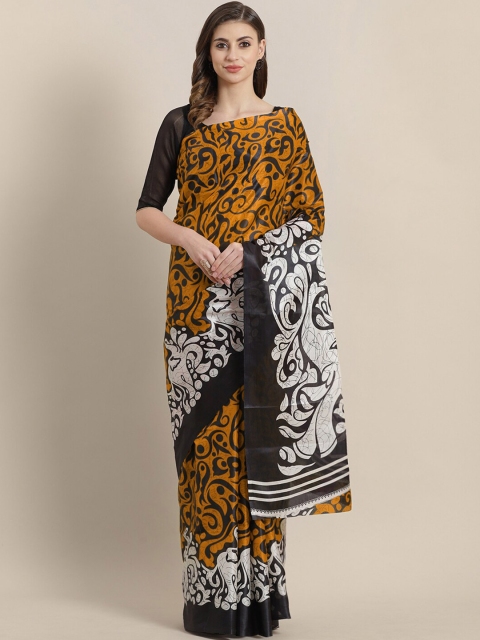 

Chhabra 555 Mustard & Black Ethnic Motifs Silk Blend Tussar Saree