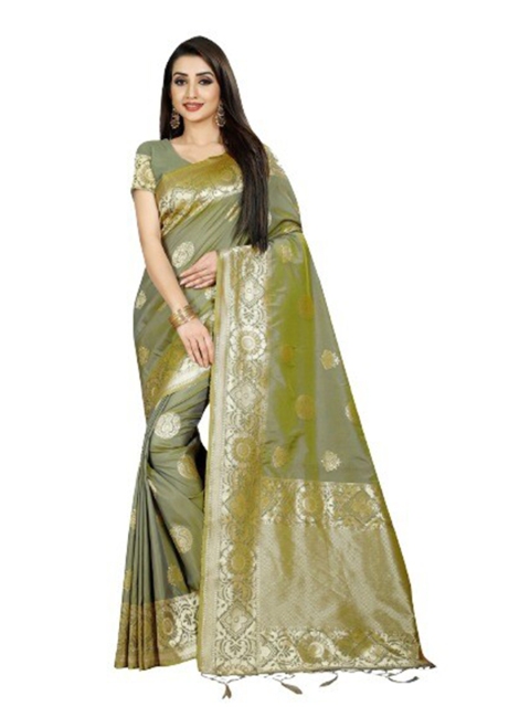 

Viva N Diva Olive Green & Gold-Toned Woven Design Zari Saree