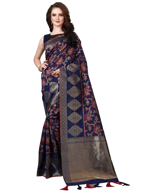 

Viva N Diva Navy Blue & Gold-Toned Ethnic Motifs Art Silk Saree