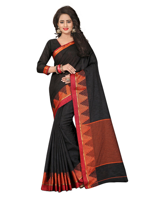 

Viva N Diva Black & Orange Zari Jute Cotton Saree