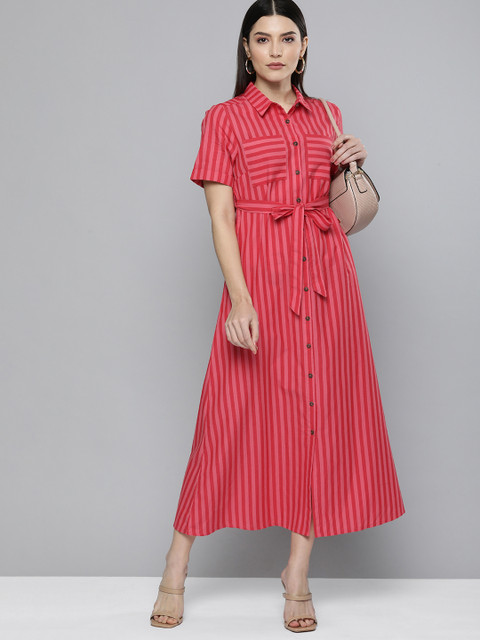 

Chemistry Rose & Pink Striped Shirt Collar Pure Cotton A-Line Midi Dress With Tie Up