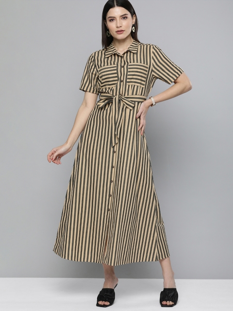 

Chemistry Black & Cream-Coloured Striped Shirt Collar Pure Cotton A-Line Midi Shirt Dress