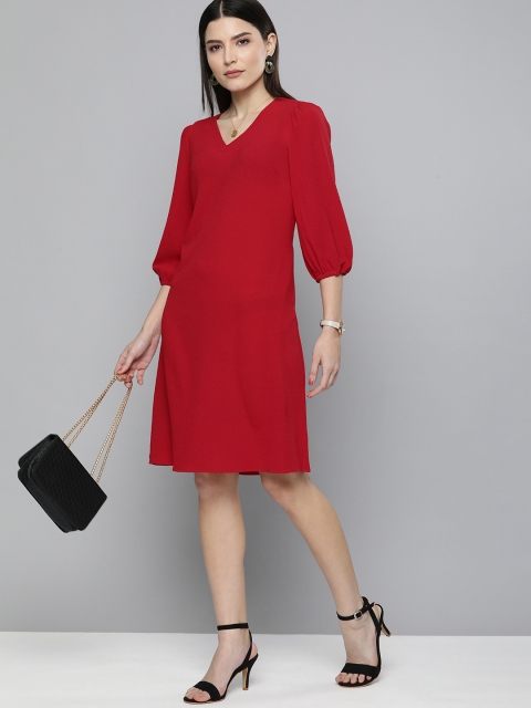

Chemistry Women Red A-Line Dress with Puff Sleeves