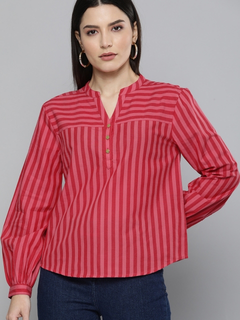 

Chemistry Red & Pink Striped V- Neck Puff Sleeves Shirt Style Top