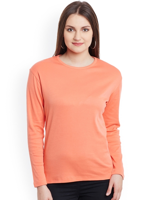 

Hypernation Women Coral Orange Solid Round Neck T-Shirt