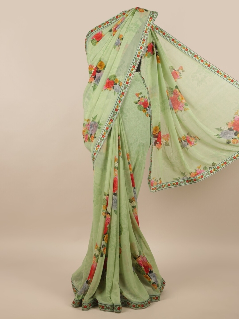 

Pothys Green Floral Printed Poly Chiffon Saree