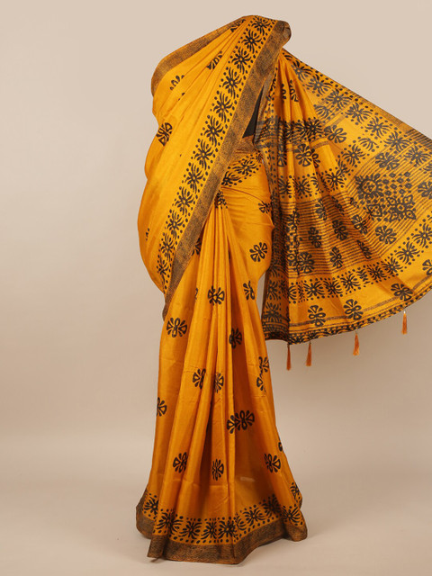 

Pothys Mustard Yellow & Black Ethnic Motifs Printed Saree
