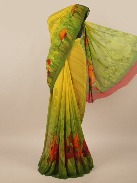 

Pothys Green & Orange Floral Printed Saree