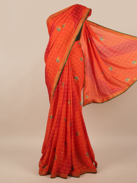 

Pothys Orange & Gold-Toned Checked Saree