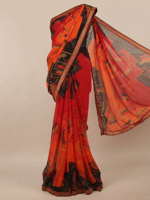 

Pothys Red & Black Geometric Printed Poly Chiffon Saree