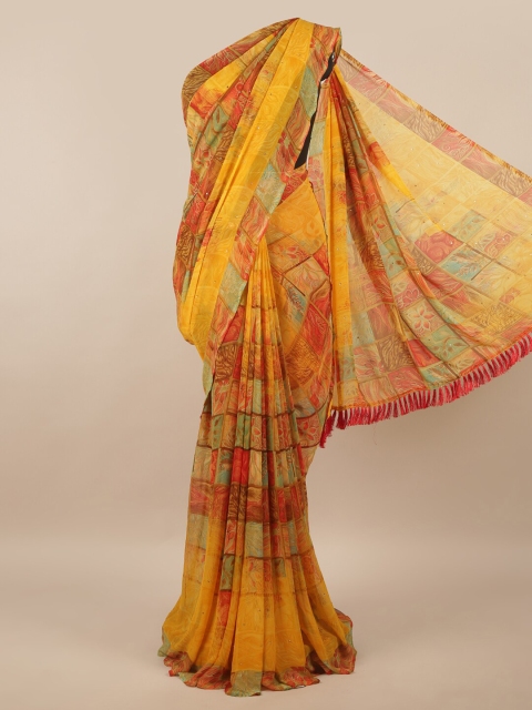 

Pothys Yellow & Red Checked Floral Beads and Stones Saree