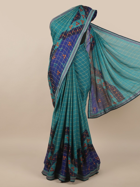 

Pothys Blue & Silver-Toned Checked Saree