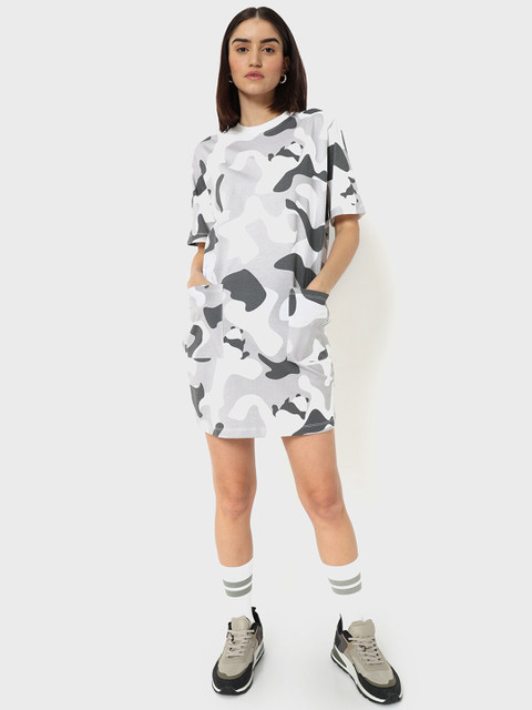 

Bewakoof Grey & Black Boyfriend Fit Camo Printed Cotton T-shirt Dress