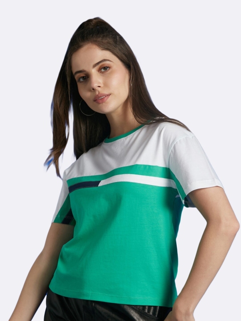 

Bewakoof Green & White Colourblocked Regular Fit Top