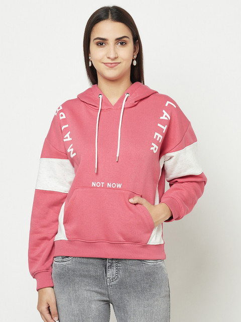 

METTLE Women Coral Pink Printed Hooded Sweatshirt