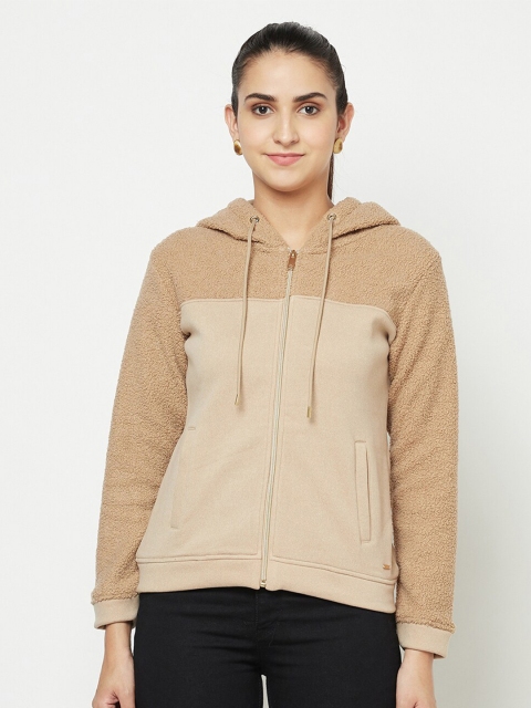 

METTLE Women Brown & Beige Colourblocked Hooded Sweatshirt