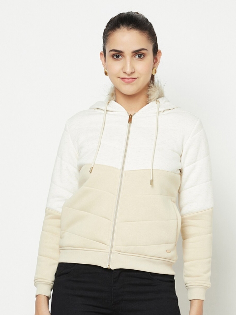 

METTLE Women White Colourblocked Hooded Sweatshirt