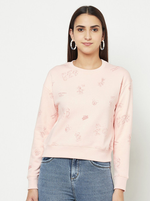 

METTLE Women Pink Mickey Mouse Printed Round Neck Sweatshirt