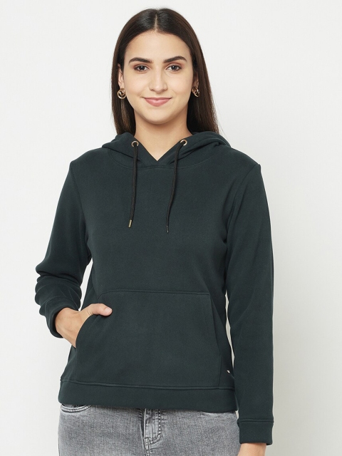 

METTLE Women Green Solid Hooded Sweatshirt