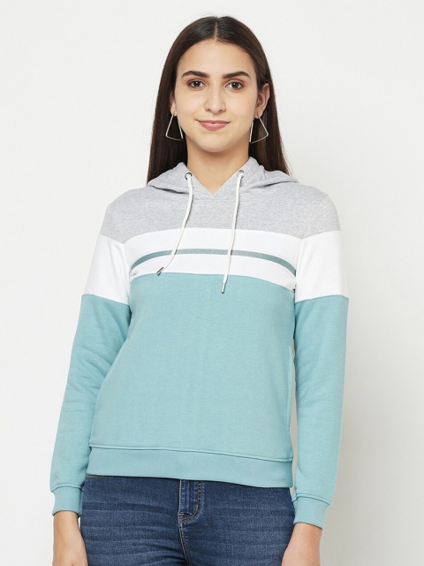 

METTLE Women Blue Colourblocked Hooded Sweatshirt