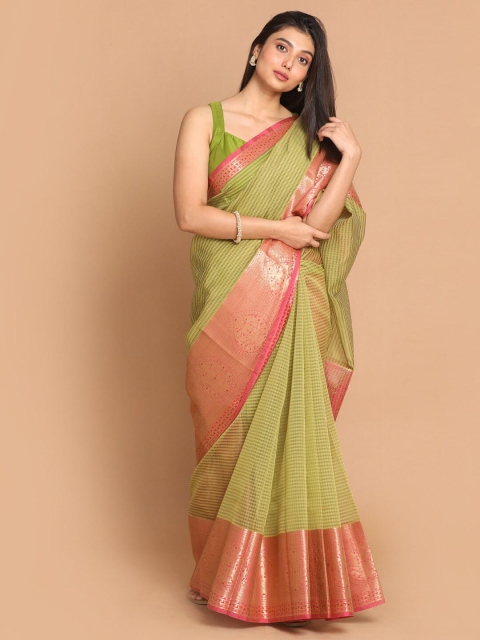 

Indethnic Lime Green & Red Checked Zari Banarasi Saree