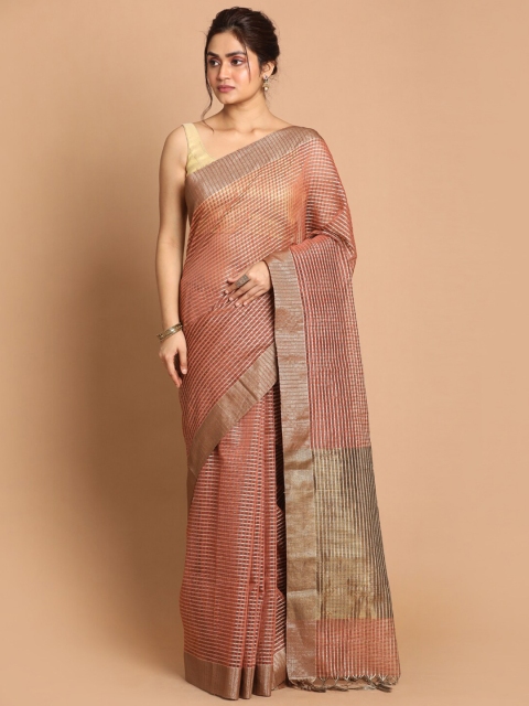 

Indethnic Brown & Gold-Toned Checked Zari Banarasi Saree