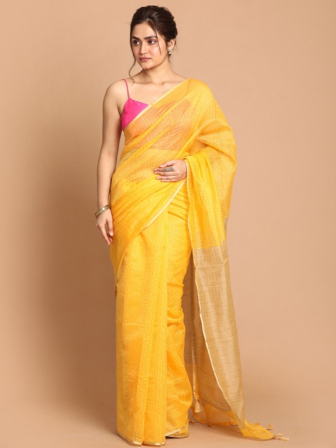 

Indethnic Yellow & Taupe Checked Zari Banarasi Saree