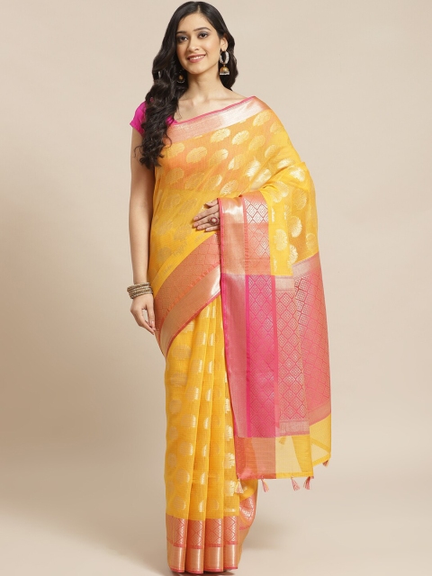 

Indethnic Mustard & Pink Ethnic Motifs Zari Banarasi Saree