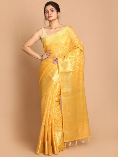 

Indethnic Yellow Floral Zari Banarasi Saree