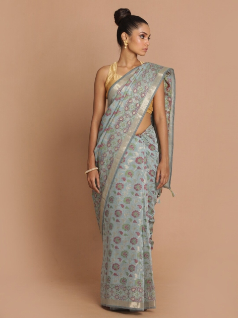 

Indethnic Women Blue Woven Design Banarasi Saree