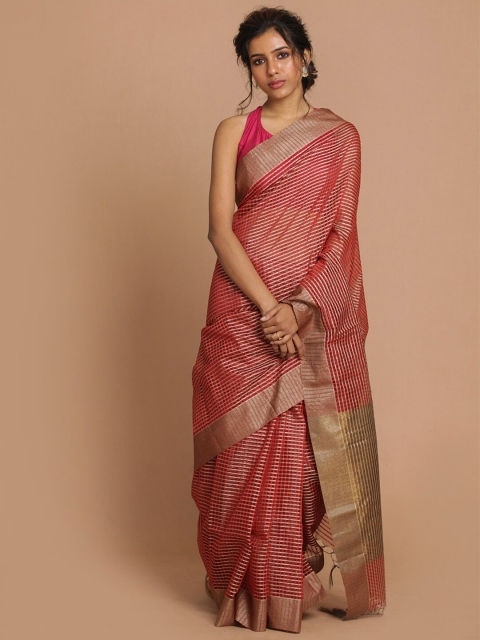 

Indethnic Red & Gold-Toned Checked Zari Banarasi Saree