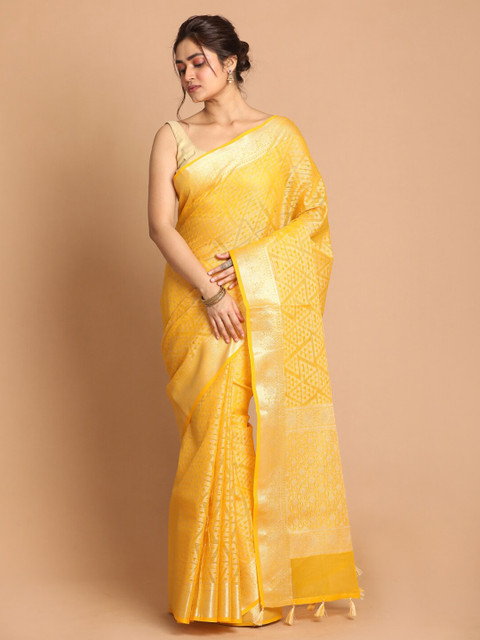 

Indethnic Women Yellow Woven Design Banarasi Saree