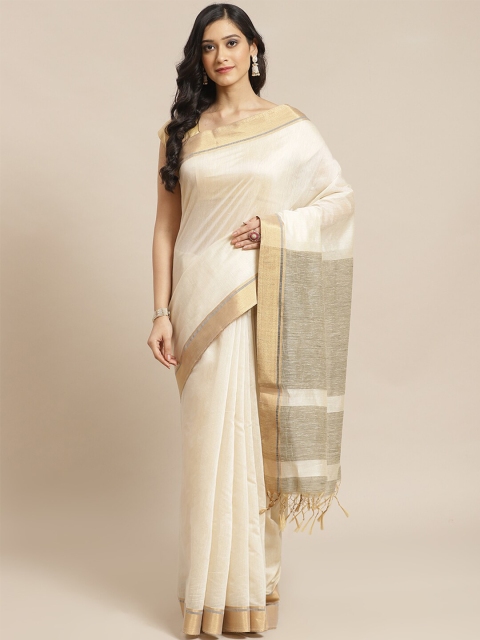 

Indethnic Cream-Coloured & Gold Zari Banarasi Saree