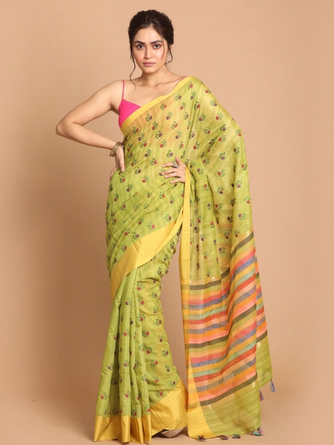 

Indethnic Lime Green & Red Floral Banarasi Saree