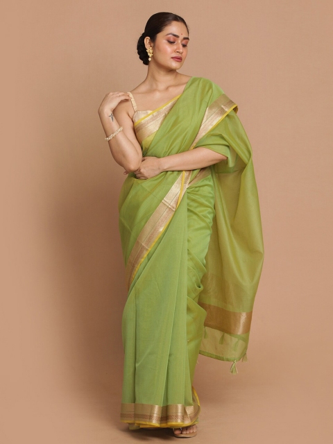 

Indethnic Green & Gold-Toned Banarasi Zari Saree