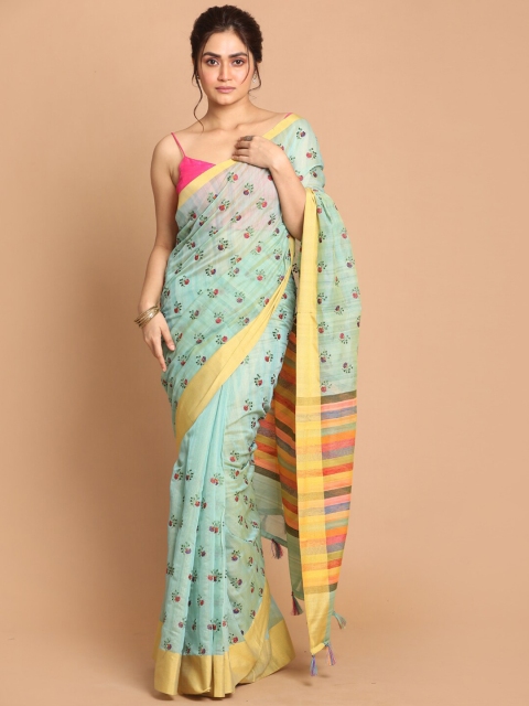 

Indethnic Sea Green & Yellow Floral Embroidered Banarasi Saree