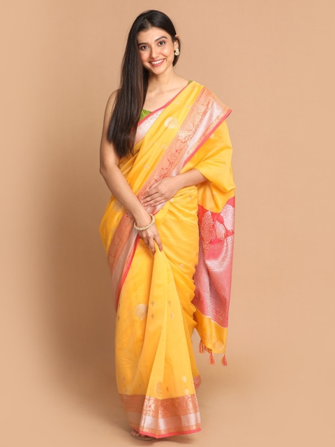 

Indethnic Yellow & Red Ethnic Motifs Zari Banarasi Saree