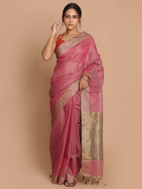 

Indethnic Magenta & Gold-Toned Woven Designed Banarasi Saree