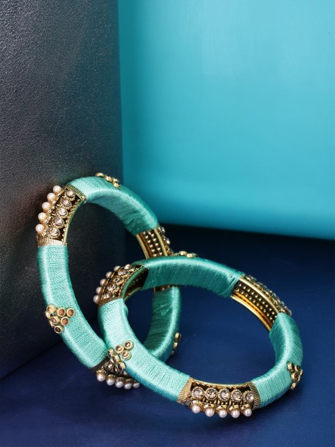 

Priyaasi Women Set Of 2 Silver-Plated & Green Emerald Studded Bangles
