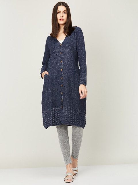 

Colour Me by Melange Women Navy Blue Longline Button Shrug